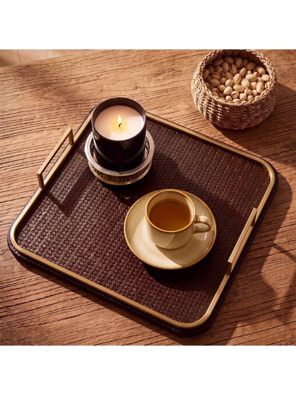 Vegan Leather Square Serving Tray with Gold Handles - Woven Texture Platter for